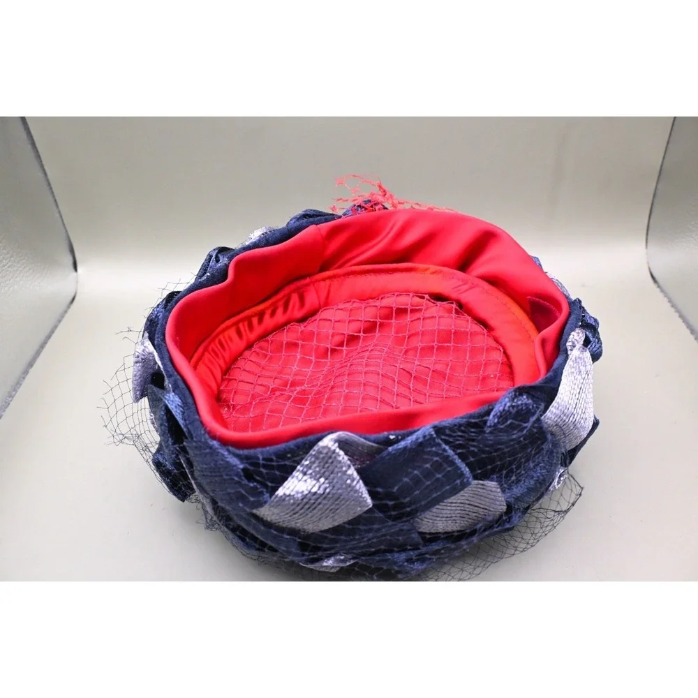 Vintage Navy Blue Silver Ribbon Hat Fascinator Netting Pillbox Cocktail Fashion